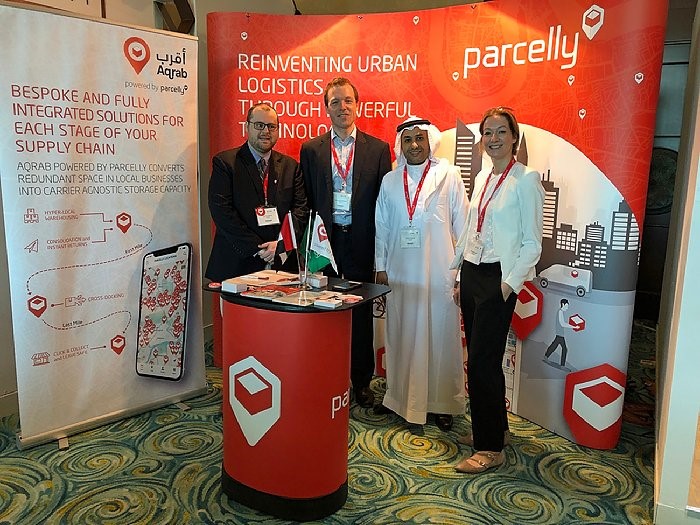 Parcelly and Aqrab target the Middle East market at the Retail Summit in Dubai. Pictured (from left): Micah Carruth (Senior Director Aqrab), Sebastian Steinhauser (CEO Parcelly), Hassan Abusalih (CEO Aqrab) and Melanie Dierich (Head of Marketing, Parcelly)