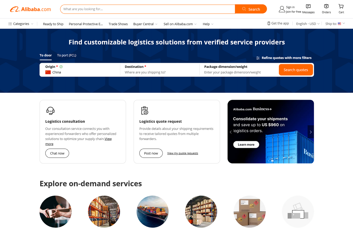 Alibaba.com US Logistics Marketplace (screenshot)